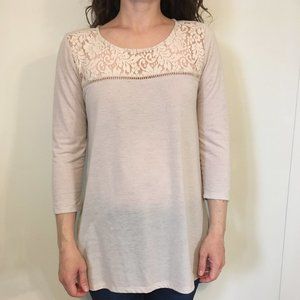 cream 3/4-length sleeve knit lace top (S)